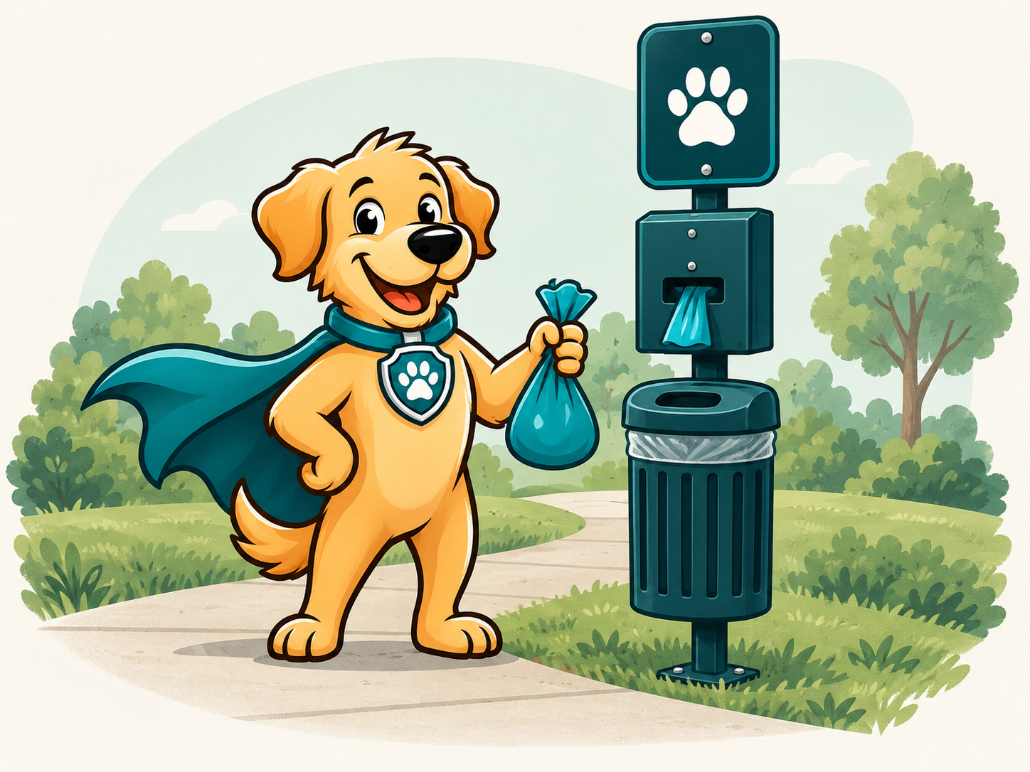 Illustration of the Dog Waste Management dog mascot beside a pet-waste station with a bag dispenser and lined bin.